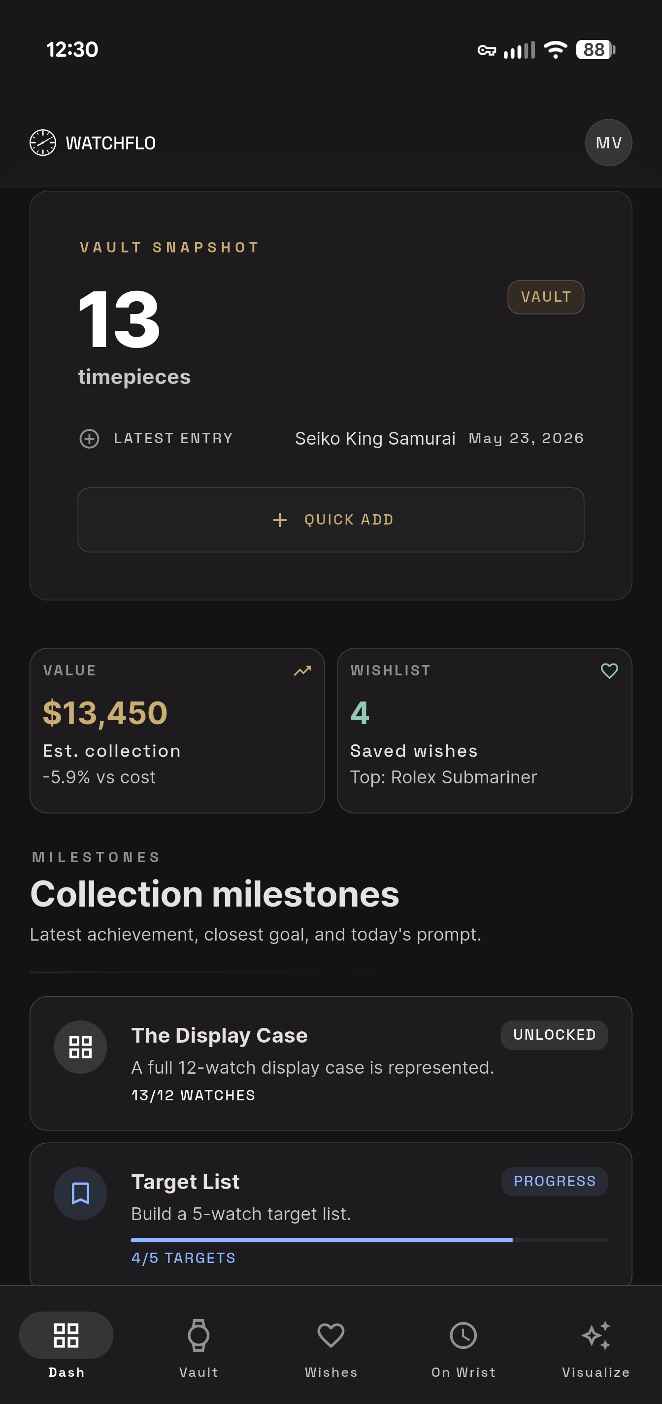 Watchflo dashboard with vault snapshot and collection value