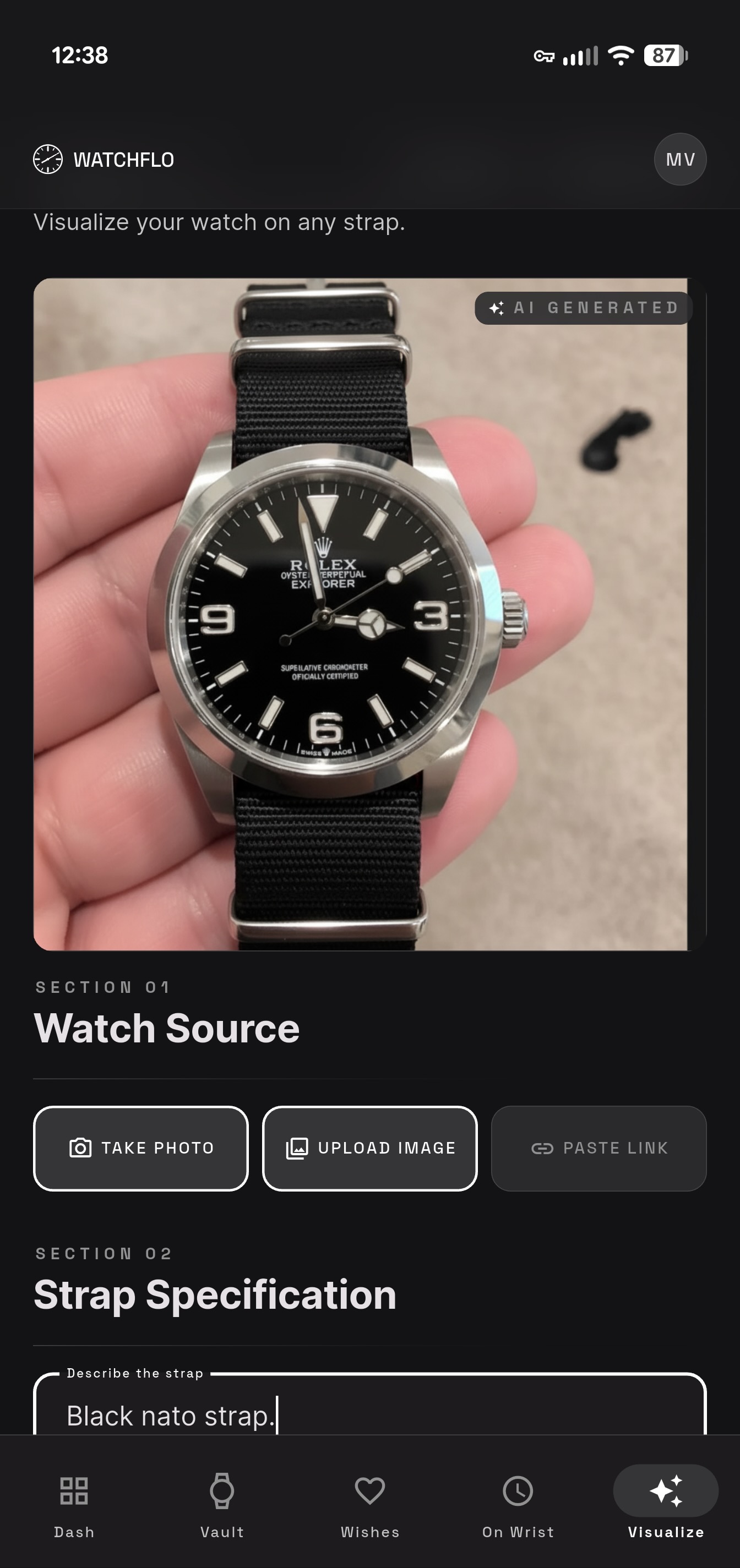 Watchflo Strap AI screen for generating strap visualizations