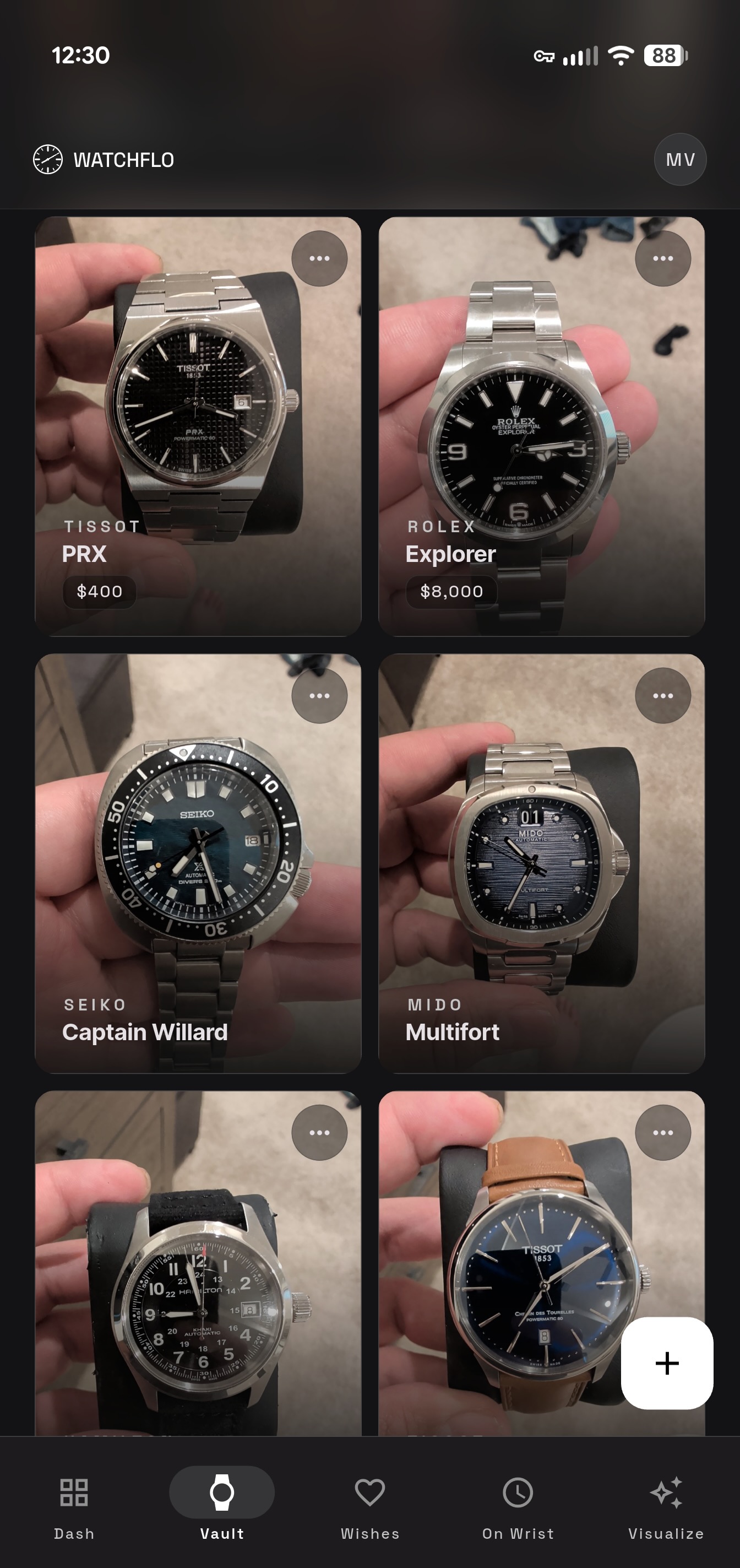 Watchflo vault showing a grid of saved watches