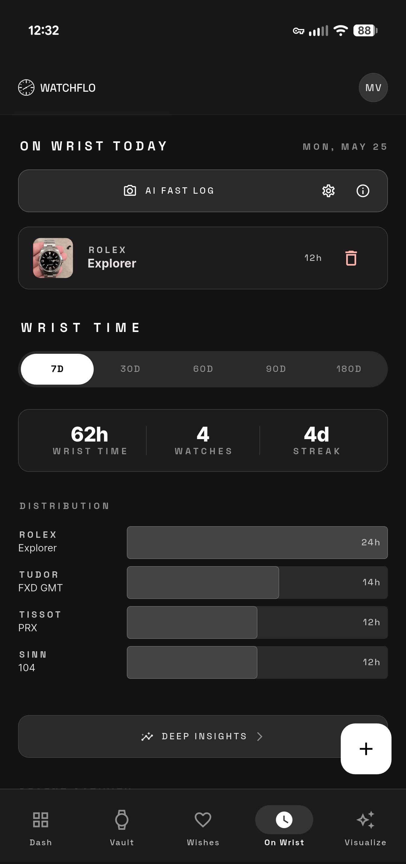Watchflo wrist-time screen with AI Fast Log and wear analytics
